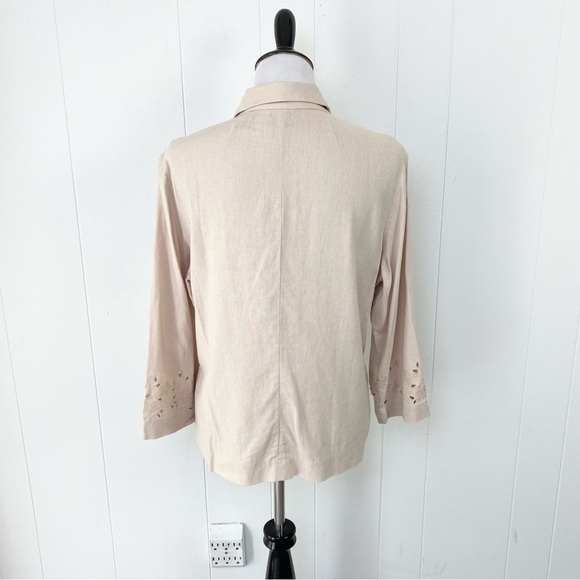 Laura Scott Linen Blend 3/4 Sleeve Chore Coat Sz 14 Beige Embroidered Cut Out - Picture 2 of 11